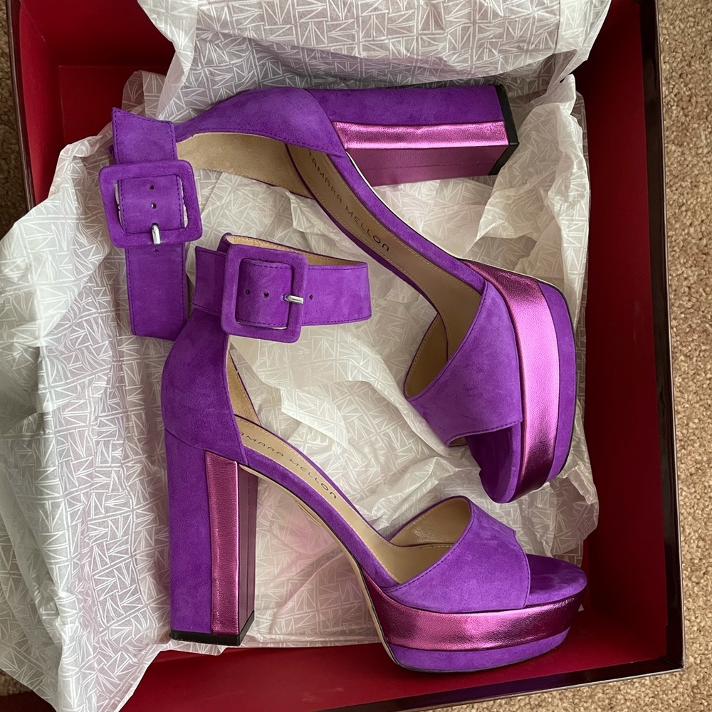 Tamara Mellon Deco 75 Suede Platform Sandal Heels